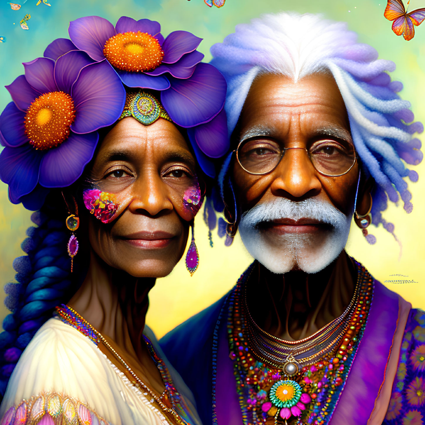 Elderly couple portrait with flowers in hair, colorful attire, exuding wisdom.
