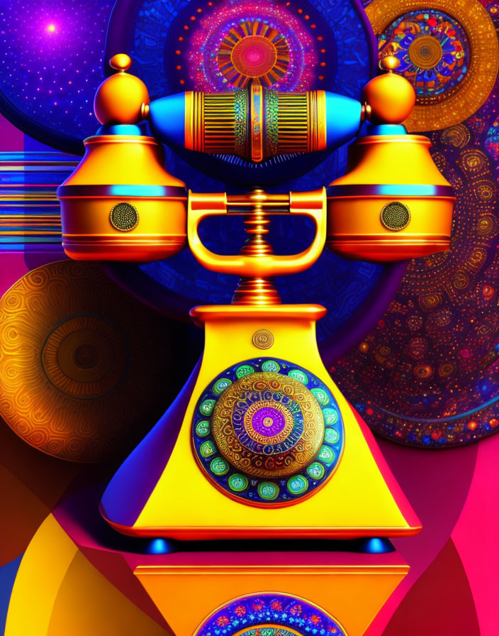 Symmetrical psychedelic illustration with futuristic lantern on cosmic background