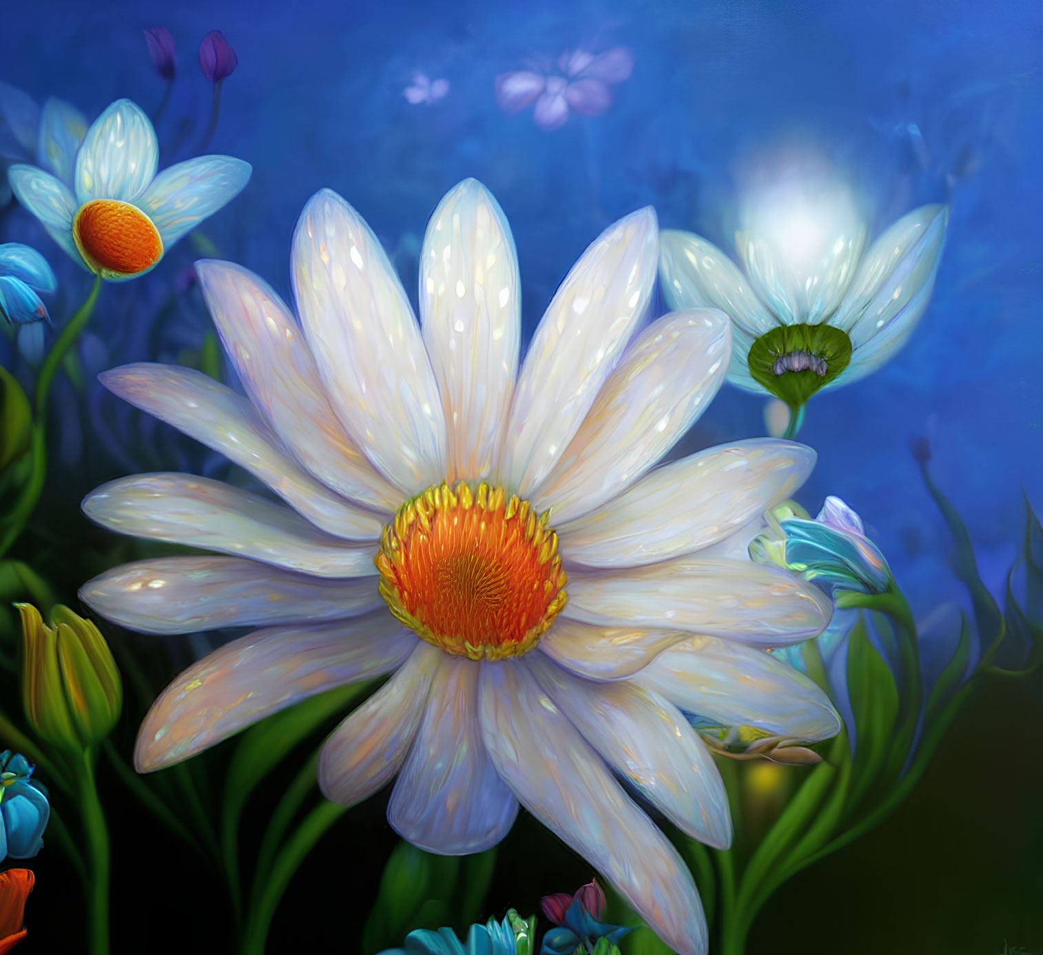 Colorful Flower and Butterfly Digital Painting with White Daisy