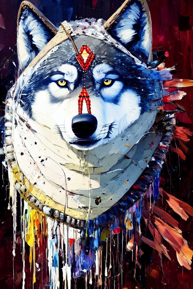 Colorful Wolf Head Painting with Tribal Headpiece: Vibrant blend of colors and textures depicted in an