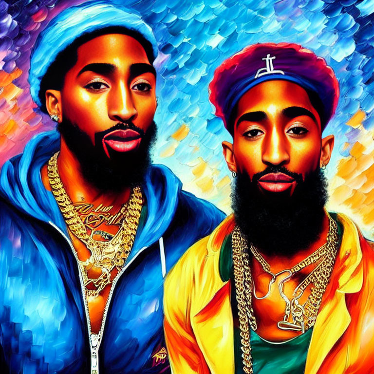 Colorful digital painting of two men with beards in blue and yellow attire against abstract backdrop