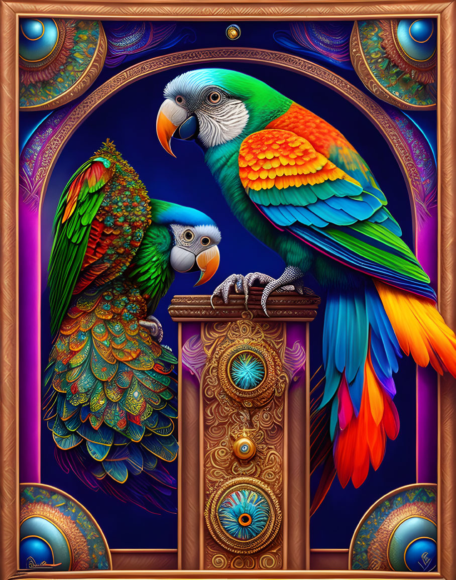 Colorful Parrots on Golden Pillars with Peacock Feathers on Purple Background