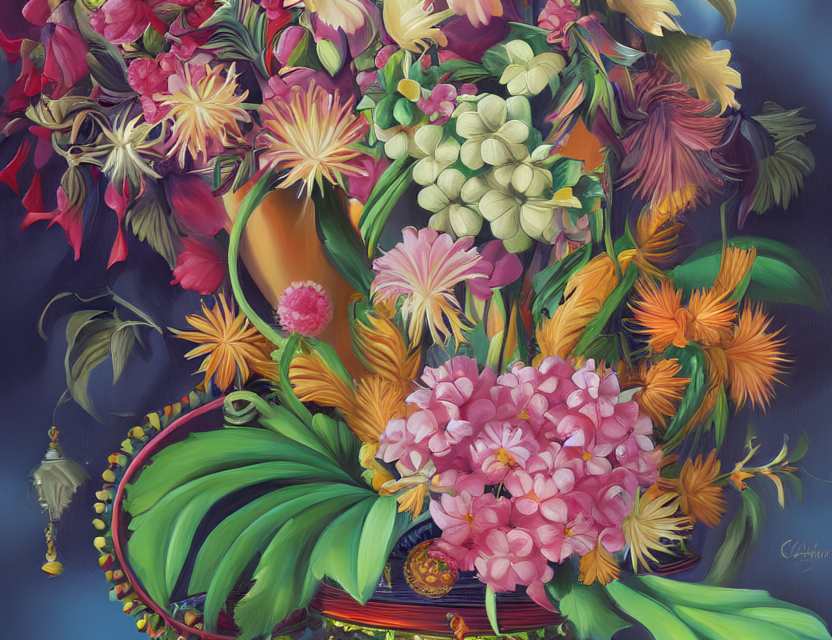 Colorful Bouquet Painting Against Dark Background