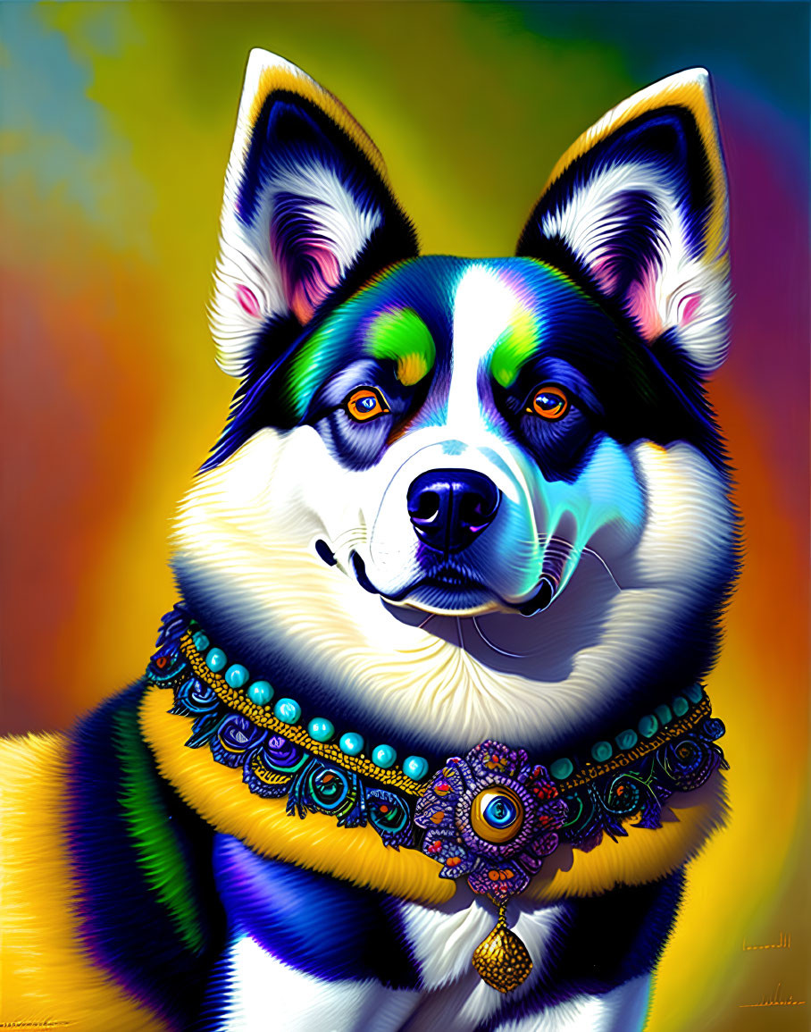 Vibrant Psychedelic Husky Portrait with Ornate Collar