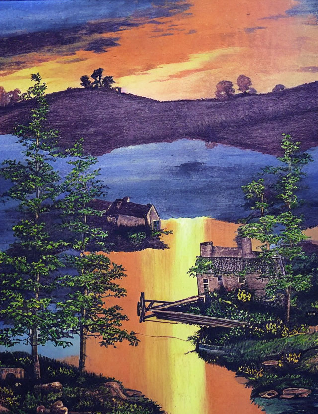 Scenic lakeside sunset painting with house and lush greenery
