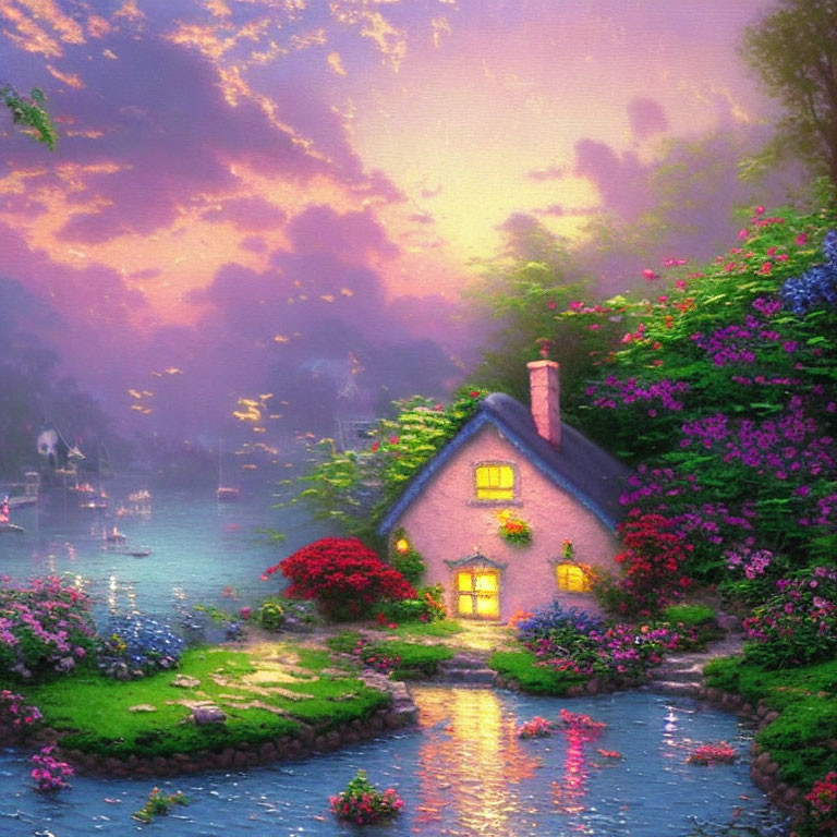 Thatched Roof Cottage Surrounded by Flowers and Sailboats at Twilight