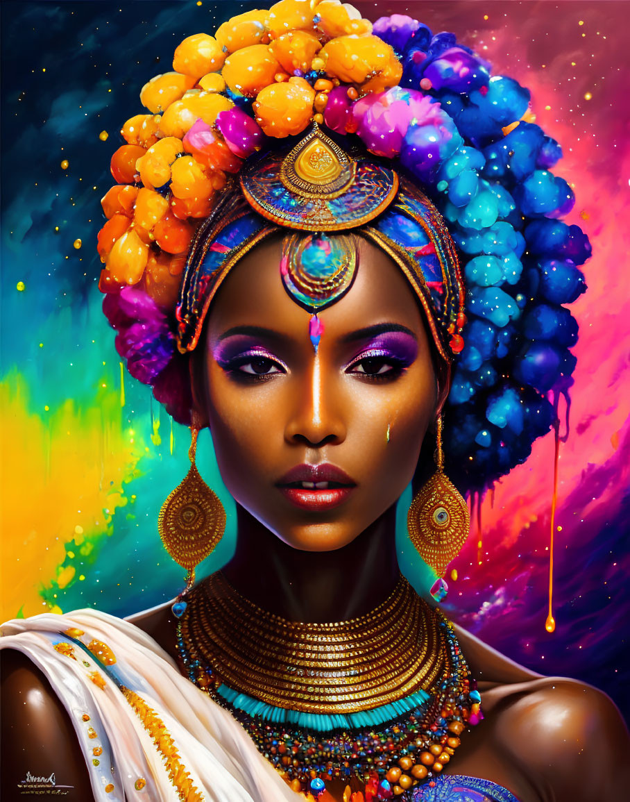 Colorful portrait of a woman with headpiece and makeup against cosmic backdrop