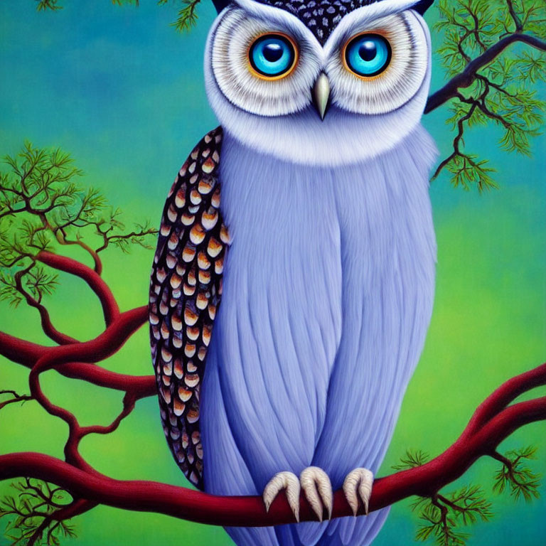 Stylized painting of blue and white owl with expressive eyes on red branch against green background