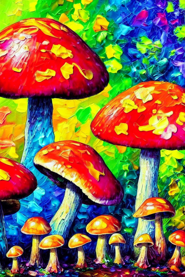 Colorful digital artwork of red-capped mushrooms on textured background