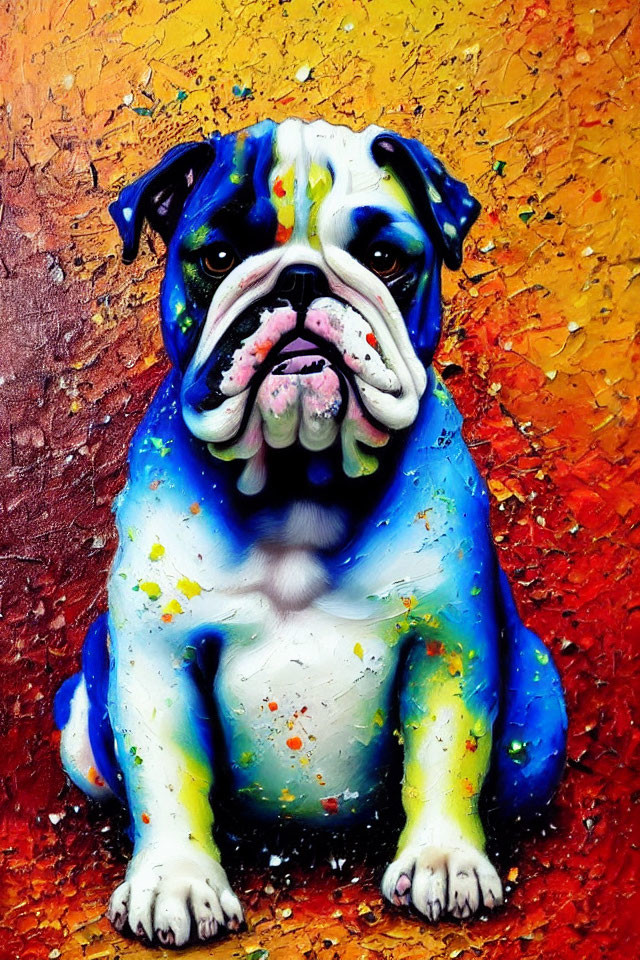 Colorful Bulldog Painting on Textured Orange Background