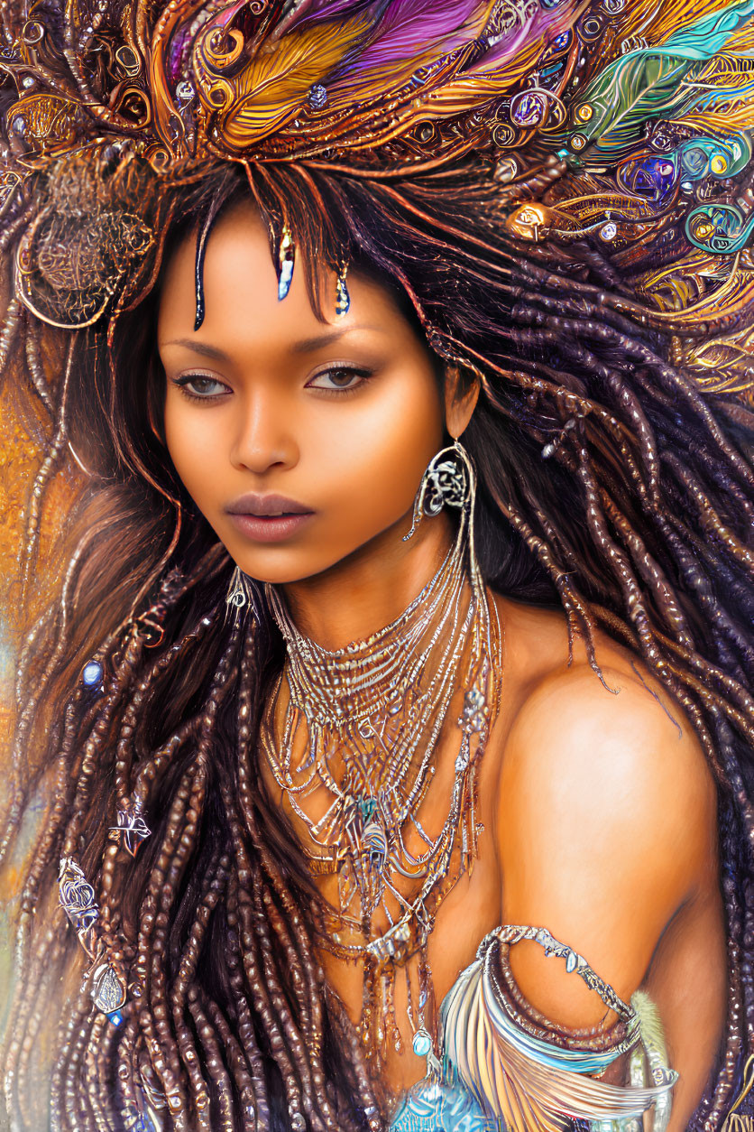 Woman with intricate headwear, beads, feathers, braids, and jewelry.