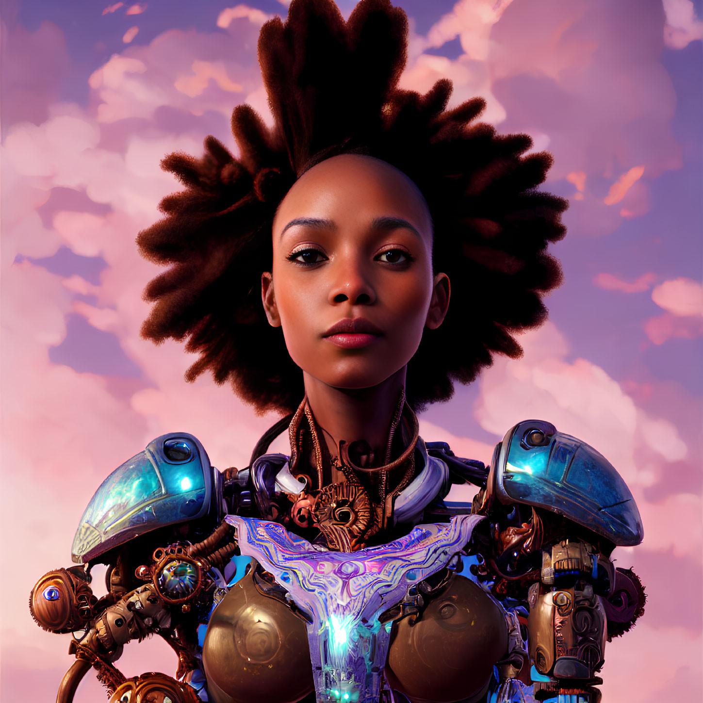 Portrait of Young Woman with Afro Merging with Robotic Body in Futuristic Setting