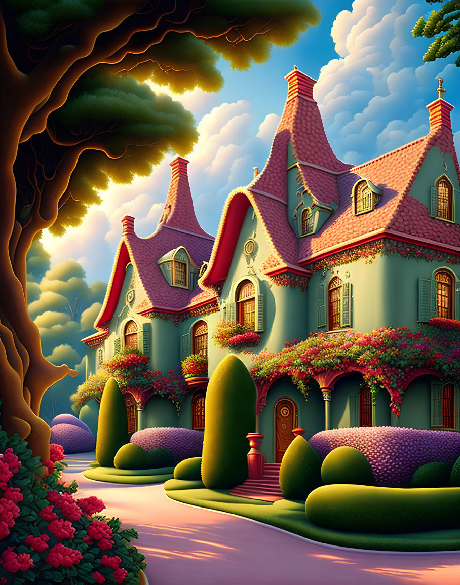Vibrant Victorian house illustration with lush ivy and dreamy scenery