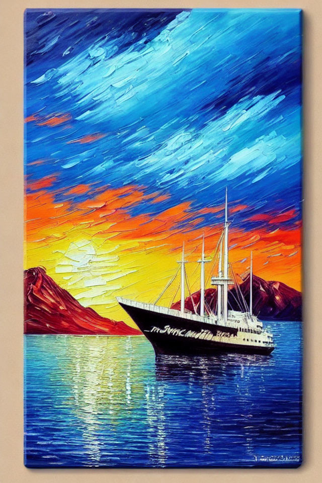 Sailboat painting with sunset over mountains