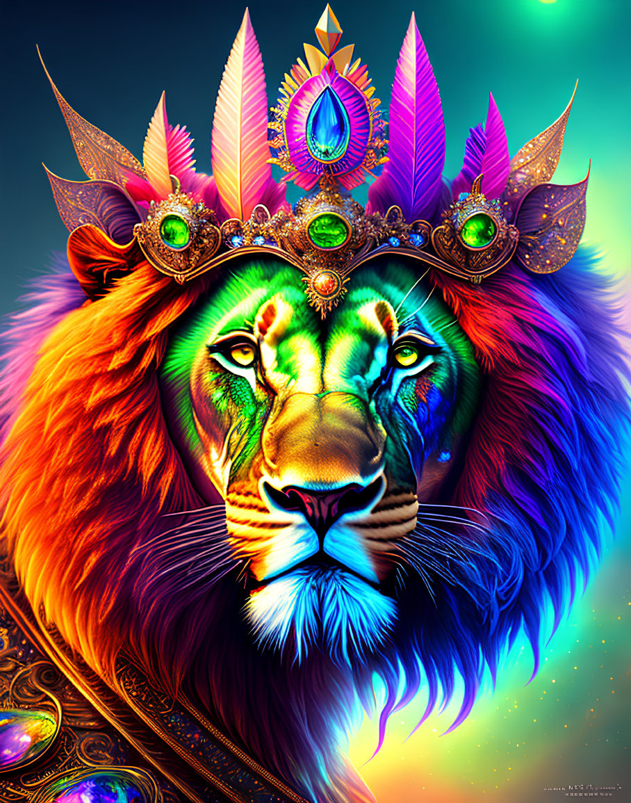 Colorful Lion Illustration with Crown on Teal-Blue Gradient Background