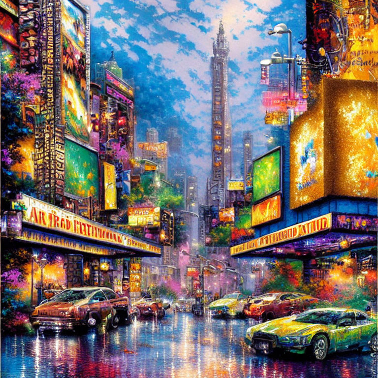 Neon-lit city street at night with classic cars, towering buildings, and purple sky