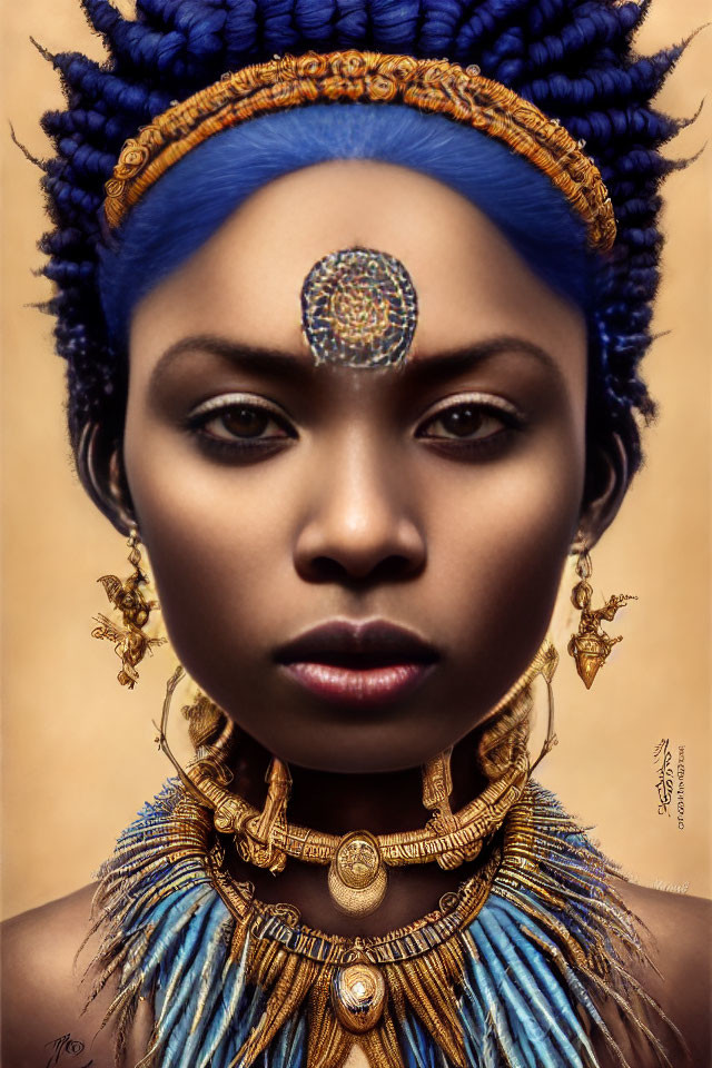 Woman with Blue Headgear and Beaded Accessories gazes at Viewer