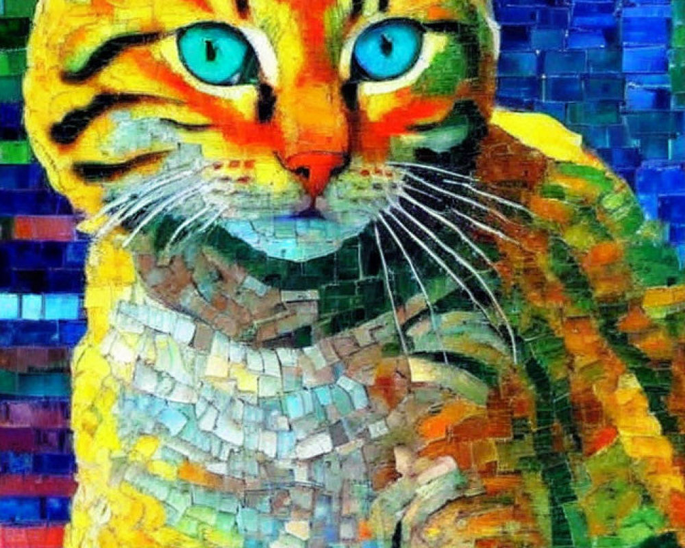 Vibrant mosaic artwork of an orange tabby cat with blue eyes