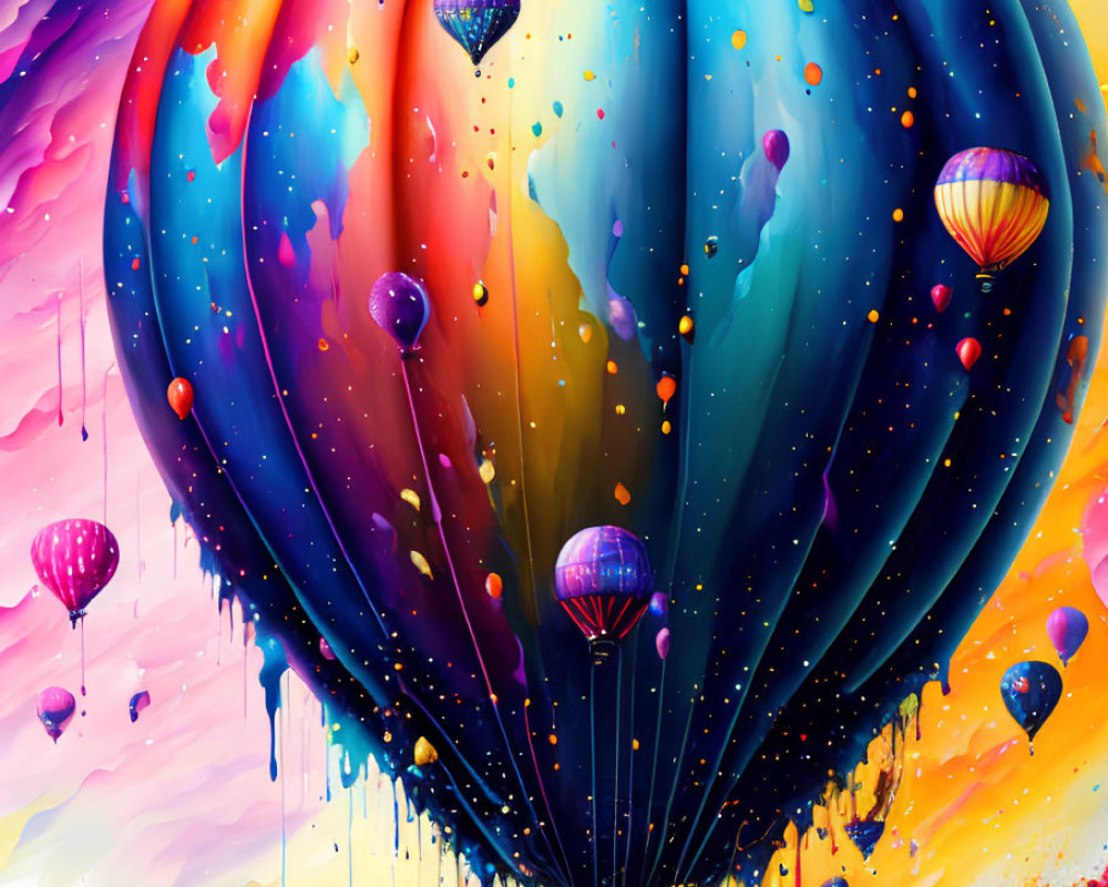 Colorful Hot Air Balloon Artwork in Whimsical Paint-Dripped Sky