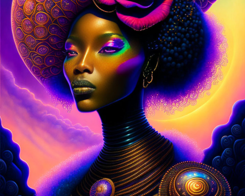 Digital artwork: Woman with African features, golden patterns, rose, and cosmic backdrop