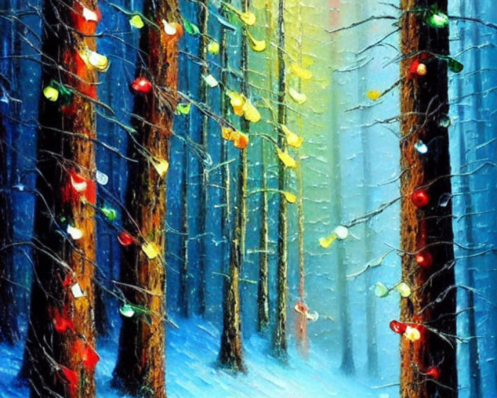 Vibrant Christmas lights illuminate snowy forest scene