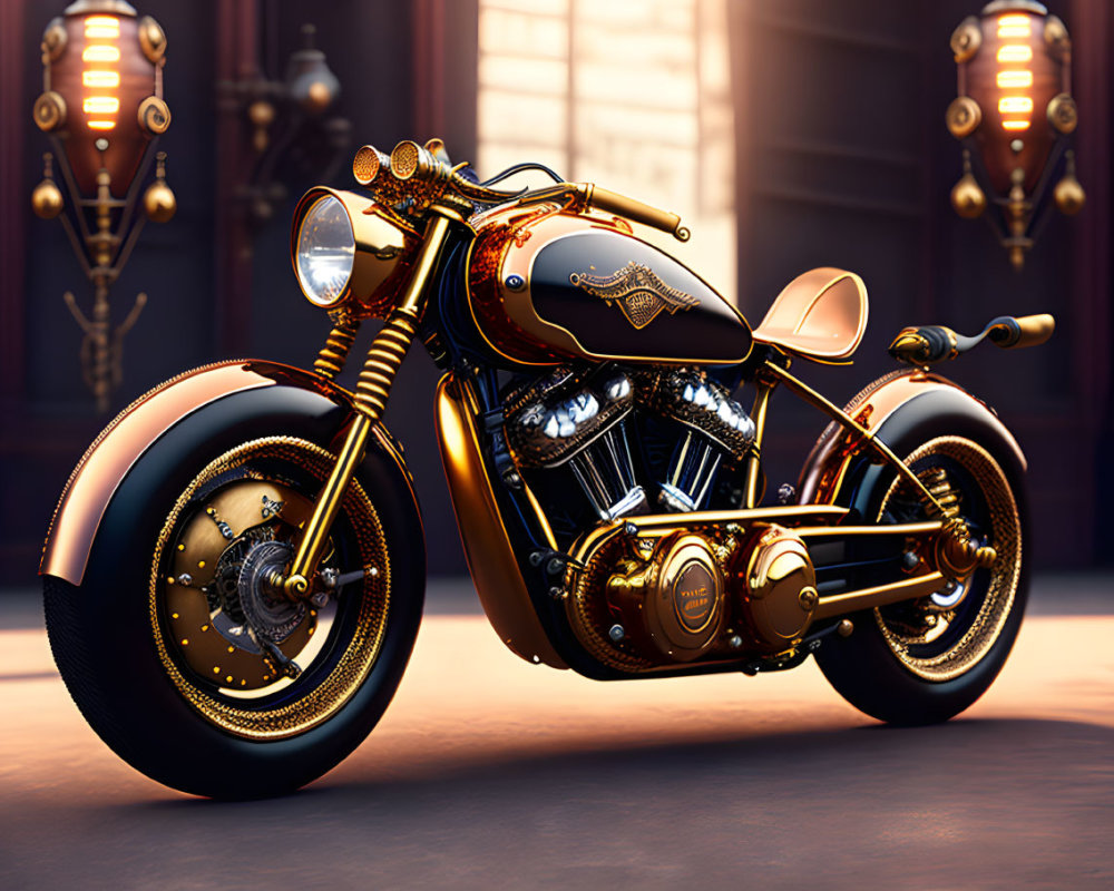 Black and Gold Custom Motorcycle with Retro-Futuristic Design