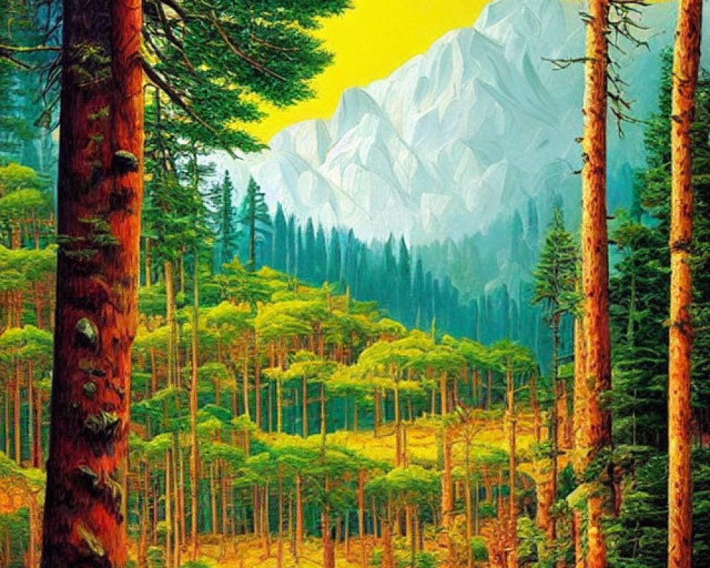 Colorful forest painting with tall pine trees, sunlit clearing, and majestic mountain under yellow sky
