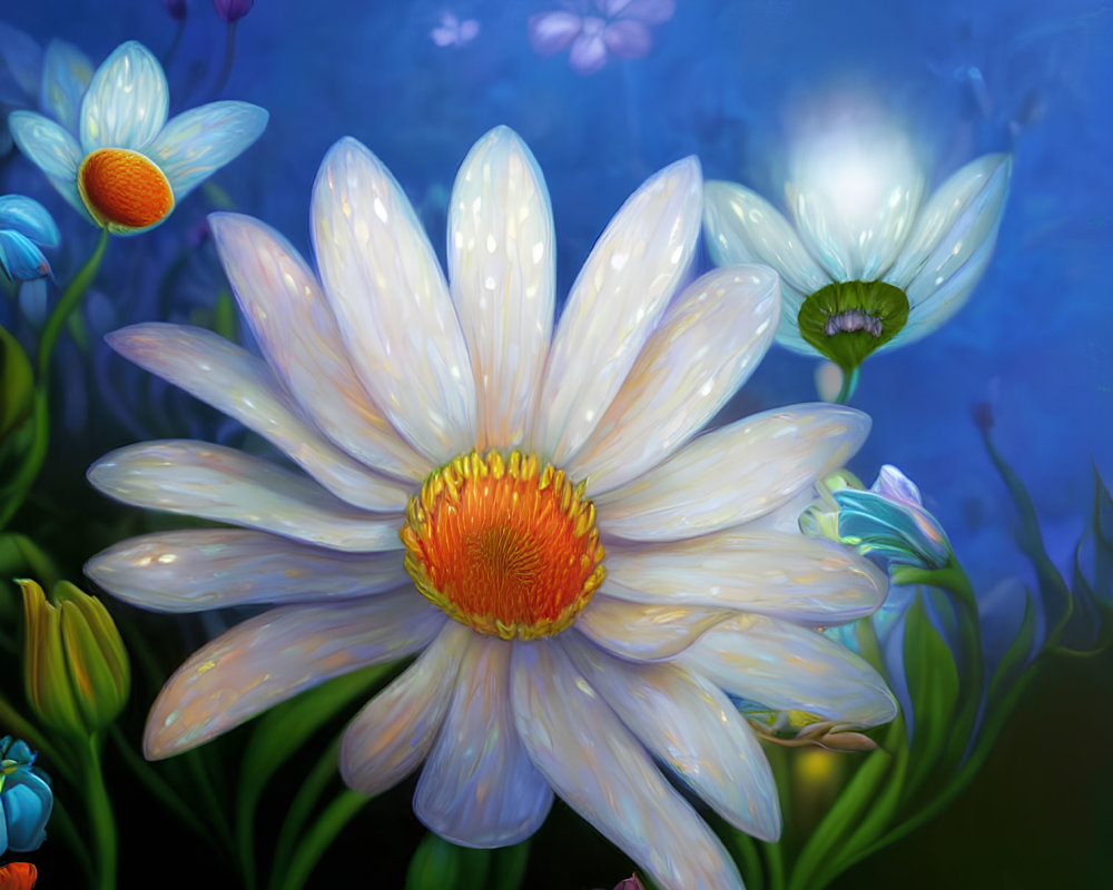 Colorful Flower and Butterfly Digital Painting with White Daisy