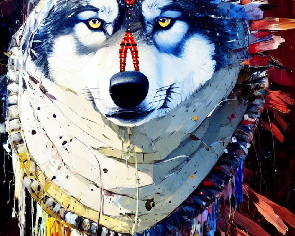 Colorful Wolf Head Painting with Tribal Headpiece: Vibrant blend of colors and textures depicted in an