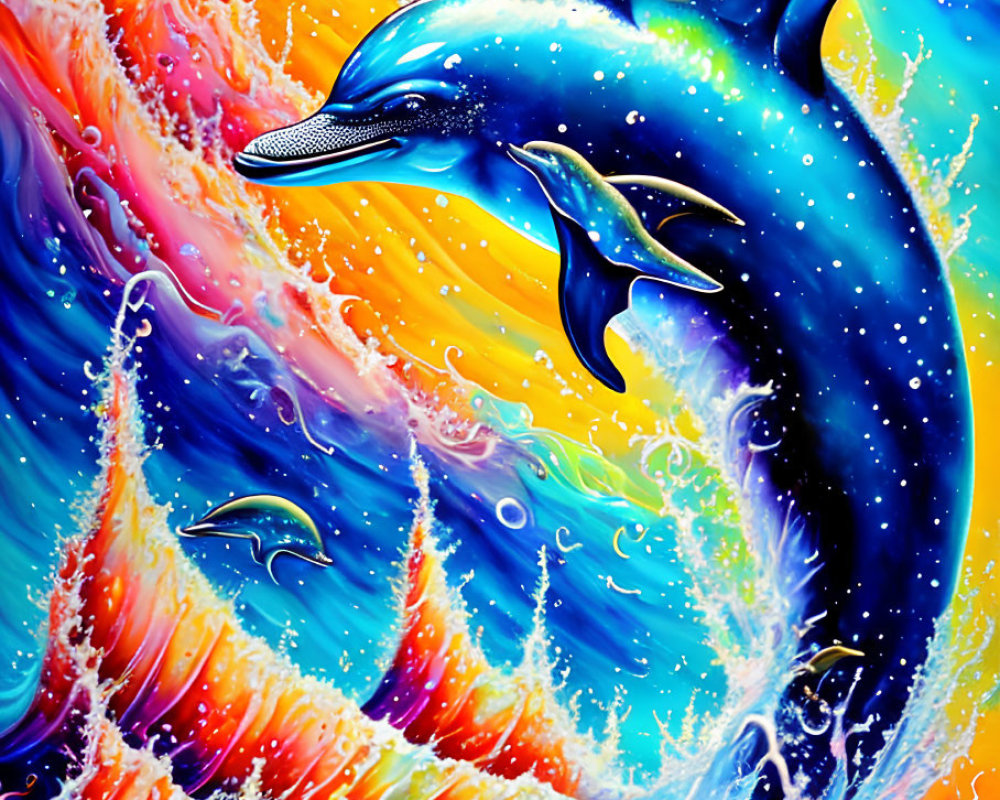 Colorful painting: Blue dolphin in swirling waves with birds in abstract sky