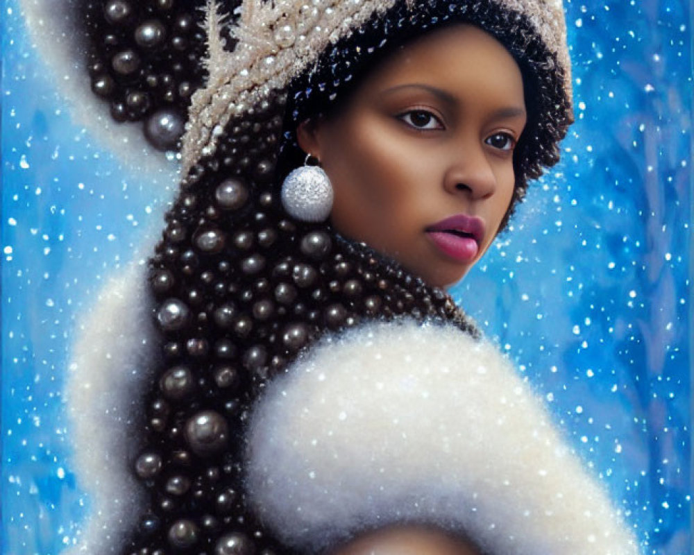 Elaborate pearl headdress on woman against snowy backdrop