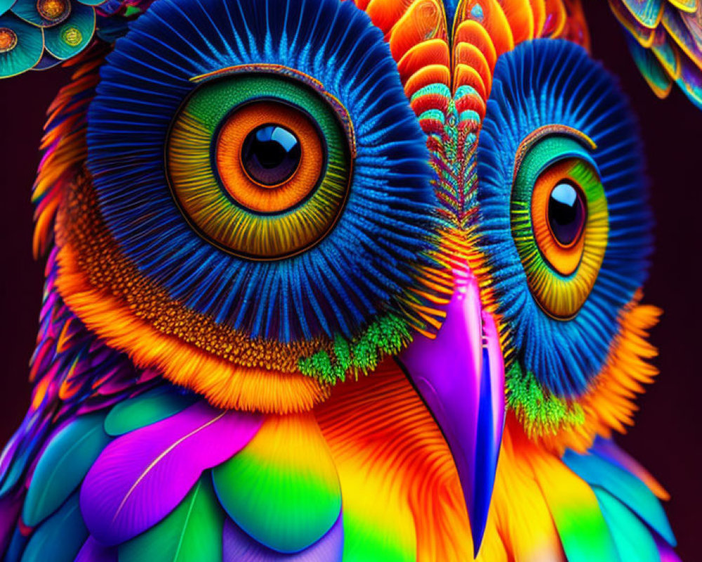 Colorful Digital Artwork: Owl with Bright Feathers and Blue Eyes
