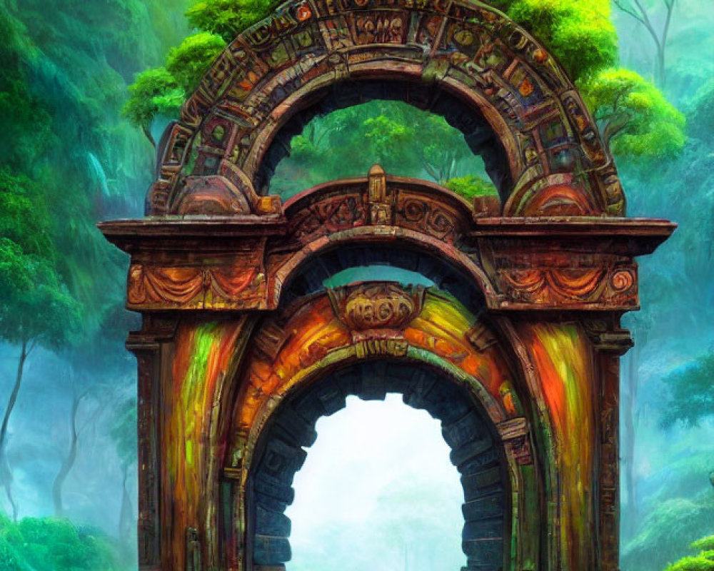 Ancient ornate stone archway in lush misty forest