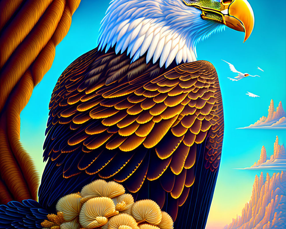 Majestic Bald Eagle Perched Among Golden Flowers and Rock Formations