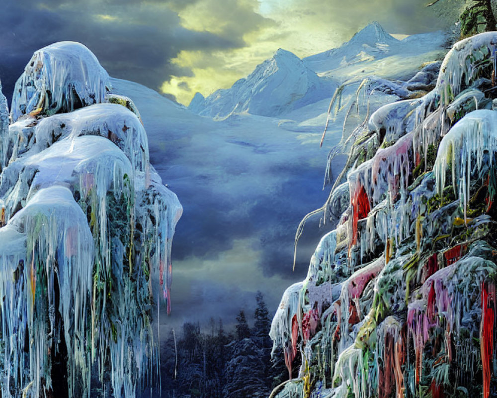 Wintry landscape with icicle-laden trees, snowy path, and snow-covered mountains
