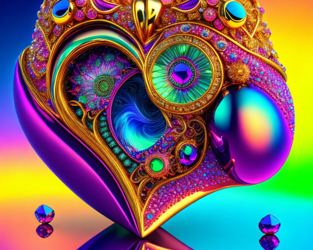 Colorful digital artwork: Heart-shaped pendant with golden patterns and peacock feather designs