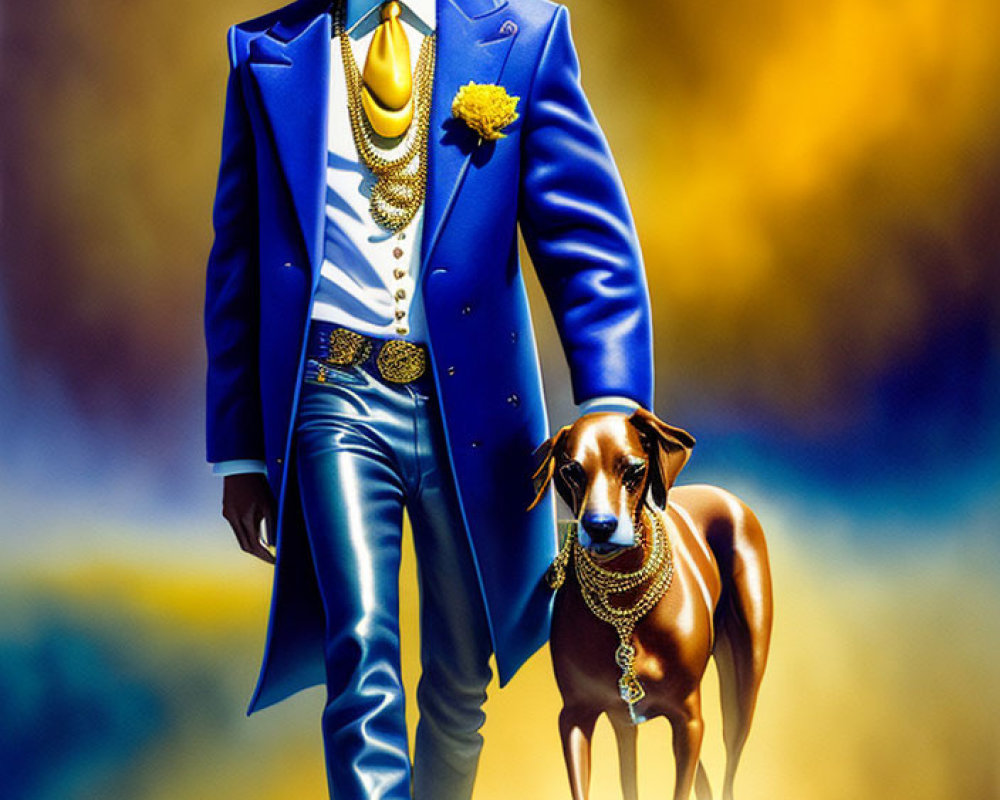 Fashionable person in blue suit walking Doberman Pinscher on vibrant background