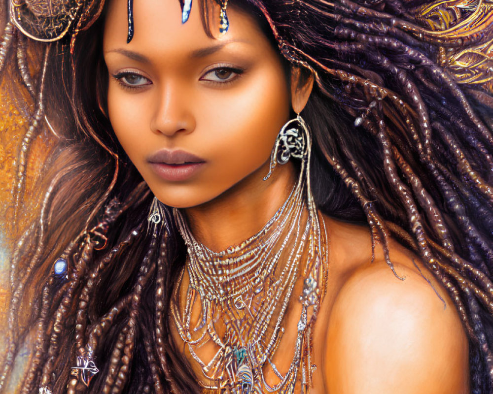 Woman with intricate headwear, beads, feathers, braids, and jewelry.