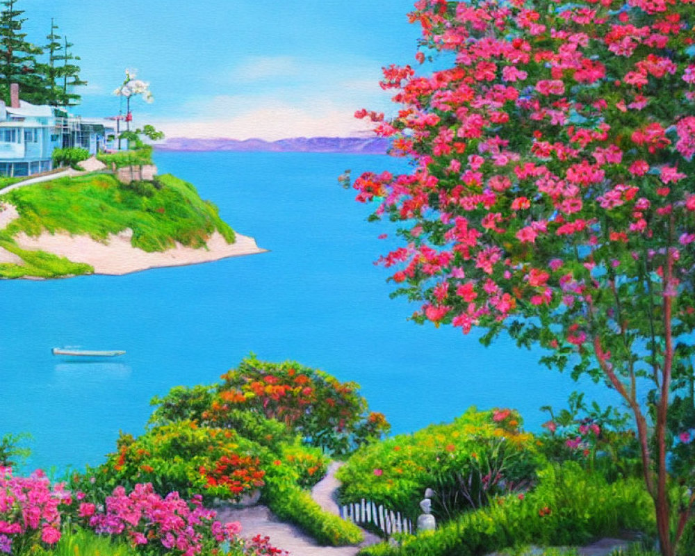Colorful coastal painting with pink trees, winding path, house, and boat