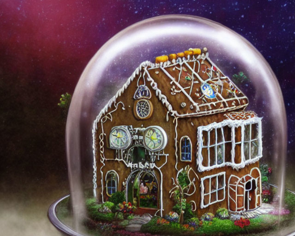 Decorative gingerbread house under glass dome with cosmic backdrop.