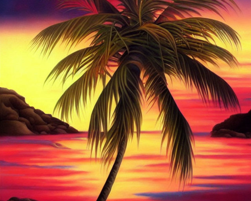Colorful Tropical Sunset with Palm Tree Silhouette and Ocean Reflections