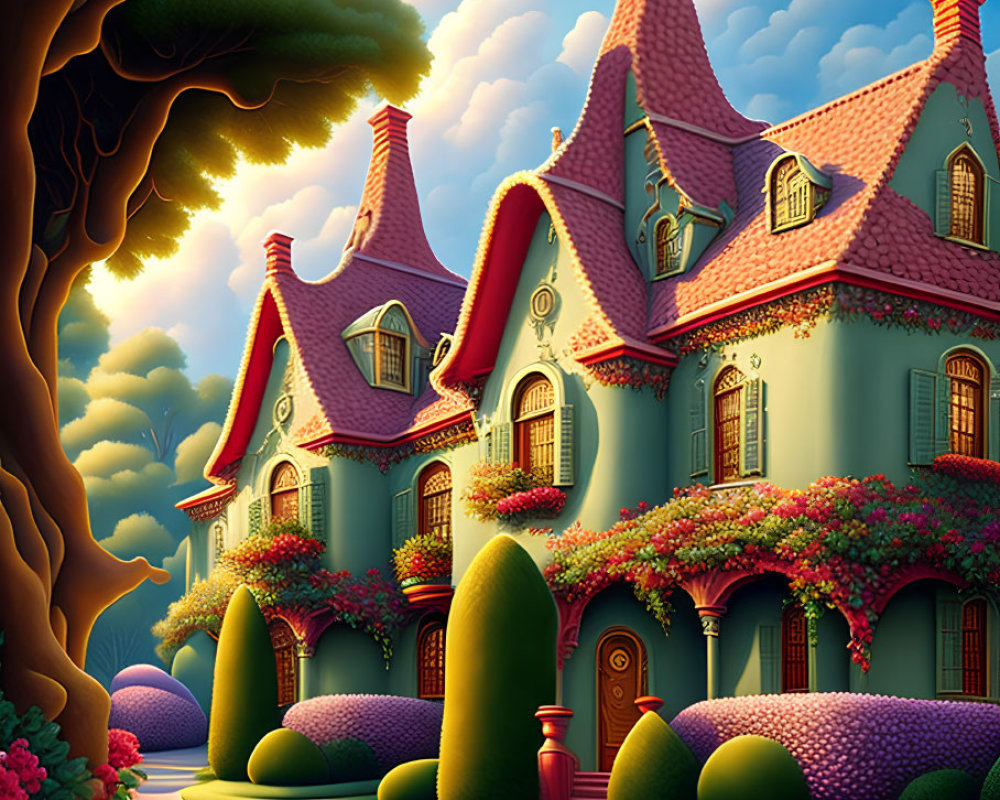 Vibrant Victorian house illustration with lush ivy and dreamy scenery