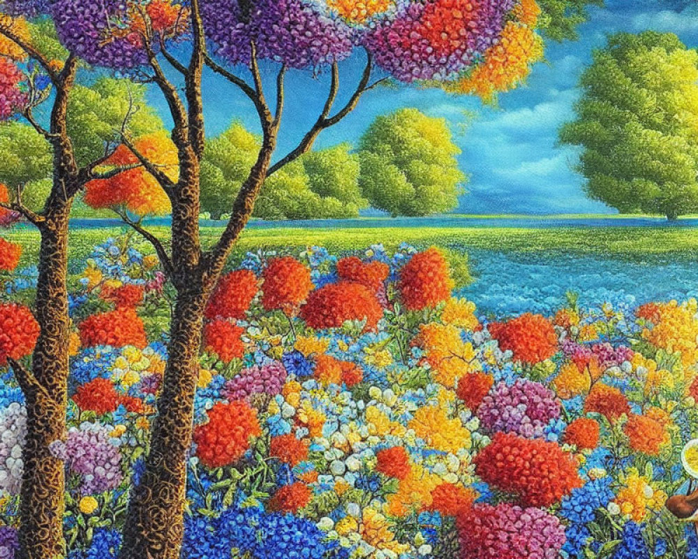 Colorful meadow painting with flowers, trees, and river