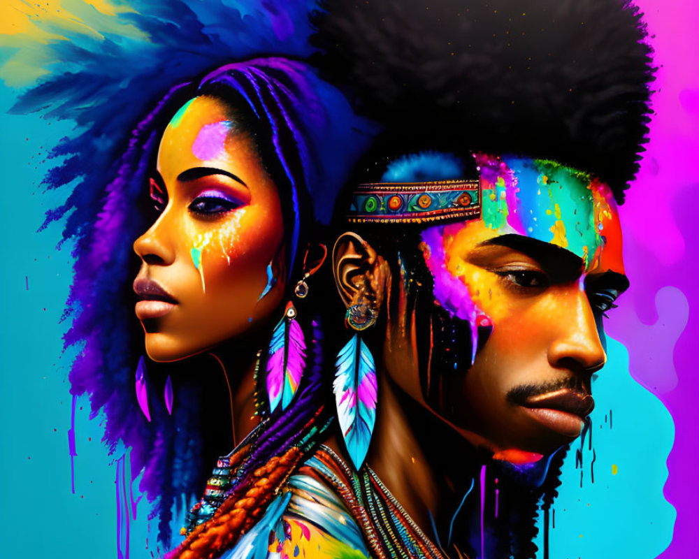 Colorful digital artwork: man and woman profiles with neon backdrop and indigenous adornments