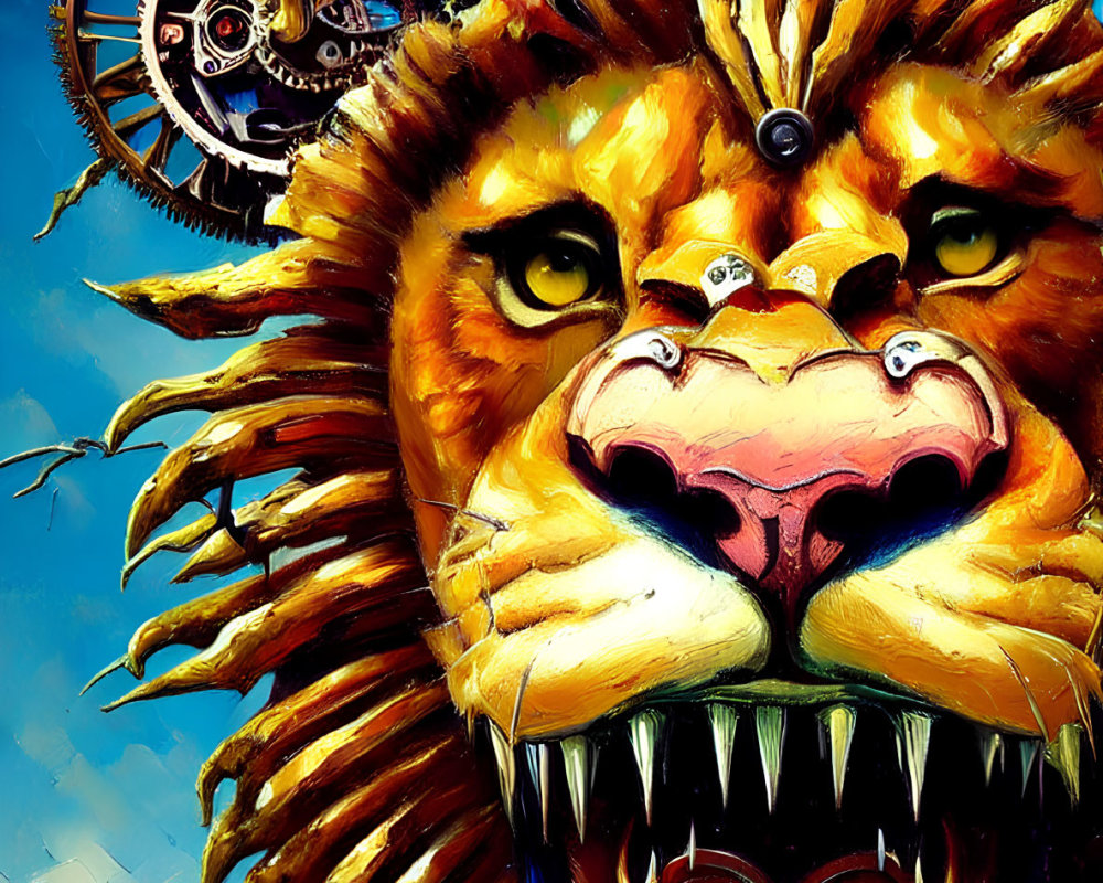 Steampunk-inspired lion painting with mechanical mane on blue sky