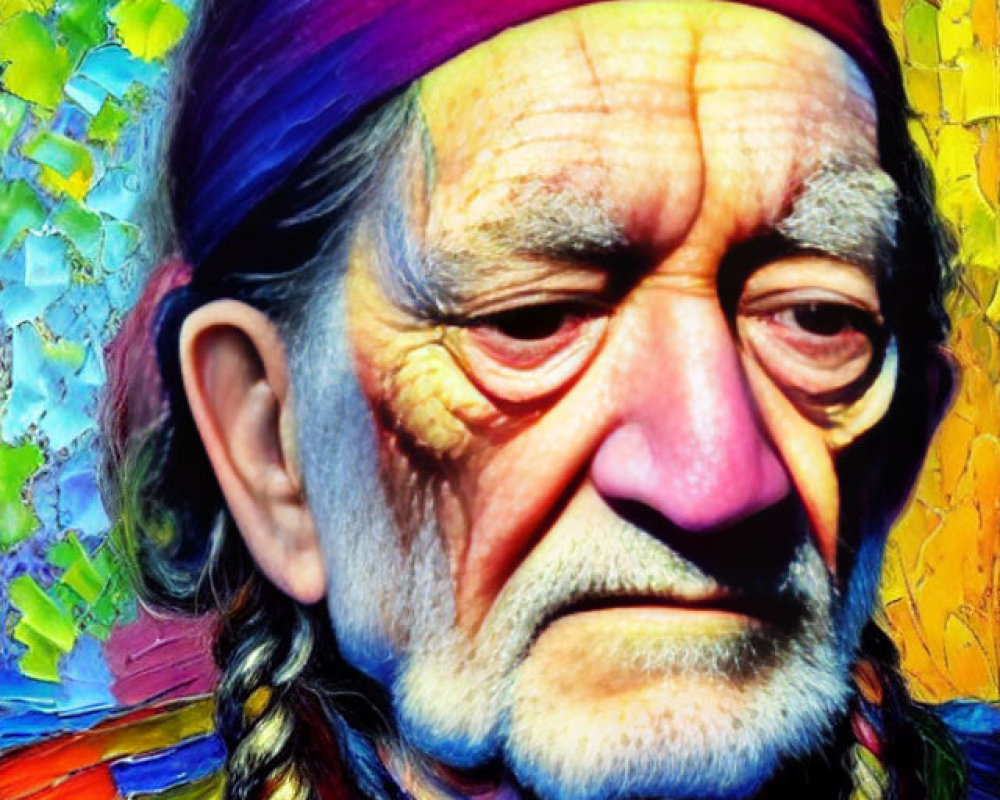 Colorful portrait of elderly person with headband and braided hair against vibrant abstract background