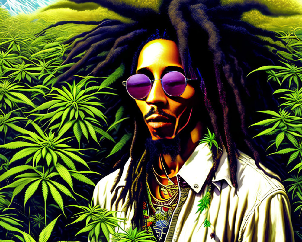 Colorful illustration: person with dreadlocks and purple sunglasses among cannabis leaves and mountain backdrop