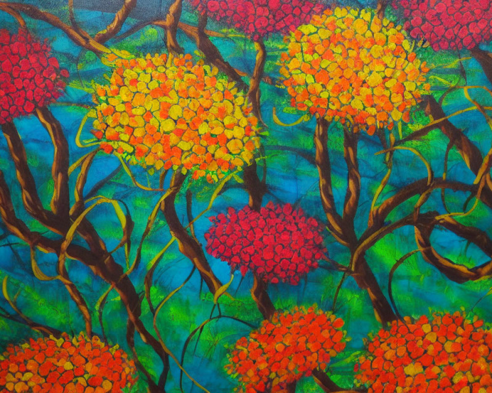Colorful Stylized Tree Painting with Red and Yellow Foliage