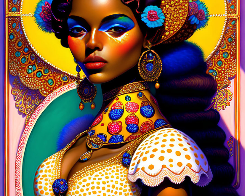 Colorful digital portrait of a woman with intricate makeup and ornate attire on a golden backdrop