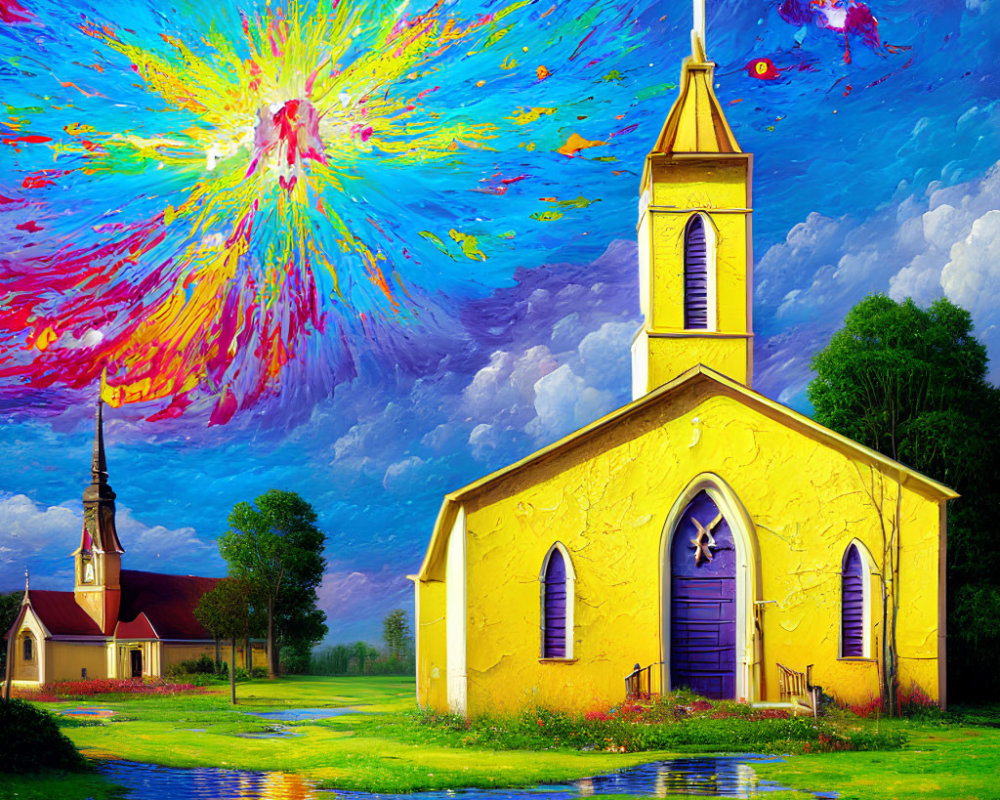 Colorful painting of yellow church by calm river under cosmic sky